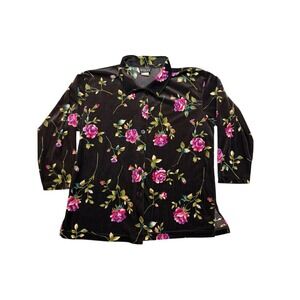 California Krush Vintage 90s Floral Corduroy Button Front Top Black Pink Plus 18